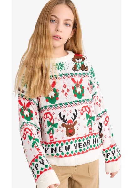 Kız Çocuk Yılbaşı Temalı Oversize Geniş Kalıp Bisiklet Yaka Kazak G0914A825WN