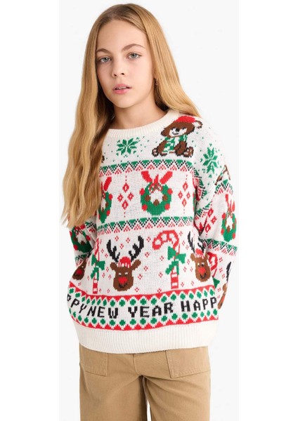 Kız Çocuk Yılbaşı Temalı Oversize Geniş Kalıp Bisiklet Yaka Kazak G0914A825WN