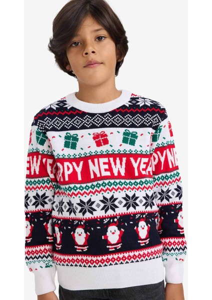 Erkek Çocuk Yılbaşı Temalı Regular Fit Bisiklet Yaka Triko Kazak F9232A825CW