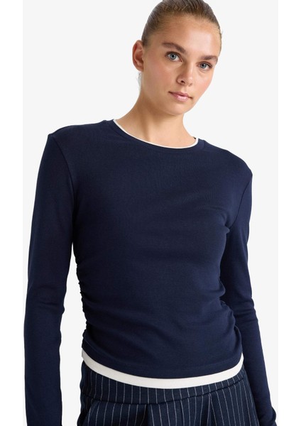 Slim Fit Dar Kesim Bisiklet Yaka Ribana Uzun Kollu Tişört E6548AX25AU