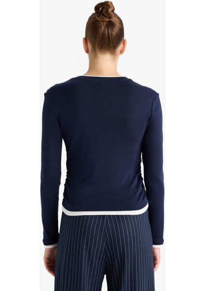 Slim Fit Dar Kesim Bisiklet Yaka Ribana Uzun Kollu Tişört E6548AX25AU