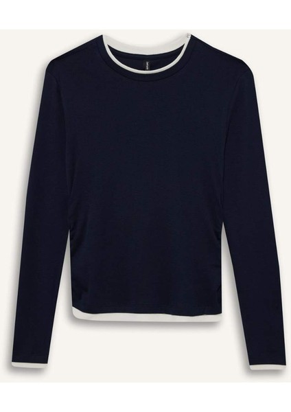 Slim Fit Dar Kesim Bisiklet Yaka Ribana Uzun Kollu Tişört E6548AX25AU