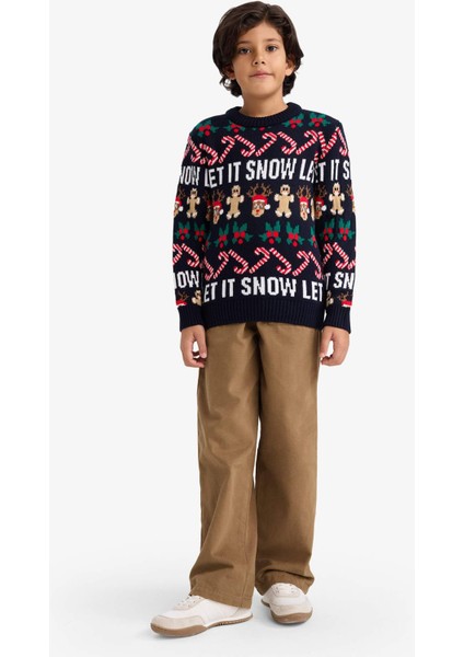 Erkek Çocuk Yılbaşı Temalı Regular Fit Bisiklet Yaka Triko Kazak F9234A825CW