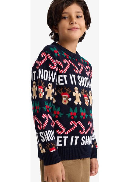 Erkek Çocuk Yılbaşı Temalı Regular Fit Bisiklet Yaka Triko Kazak F9234A825CW