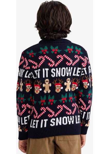 Erkek Çocuk Yılbaşı Temalı Regular Fit Bisiklet Yaka Triko Kazak F9234A825CW