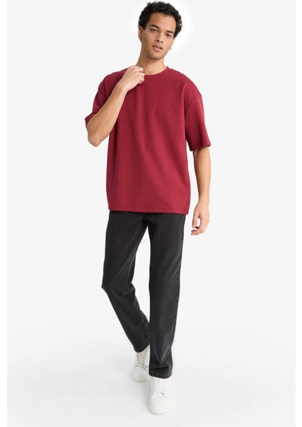 Oversize Geniş Kalıp Bisiklet Yaka Kısa Kollu Tişört G1702AX25AU