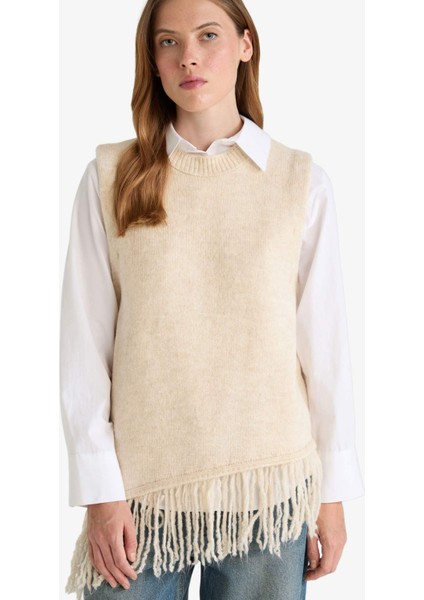 Oversize Geniş Kalıp Bisiklet Yaka Püsküllü Süveter G1763AX25WN