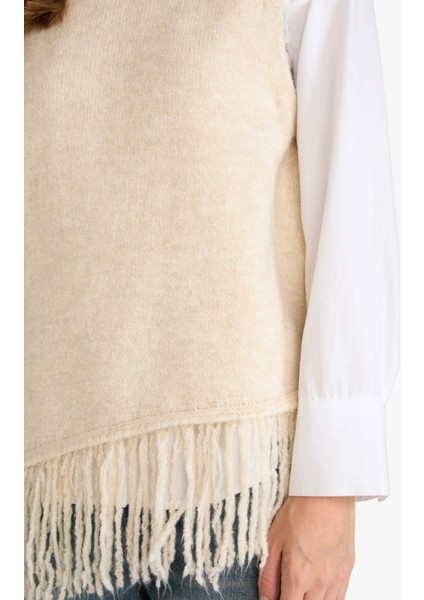 Oversize Geniş Kalıp Bisiklet Yaka Püsküllü Süveter G1763AX25WN