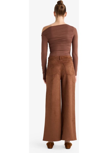 Straight Fit Fermuarlı Yüksek Bel Standart Boy Süet Pantolon