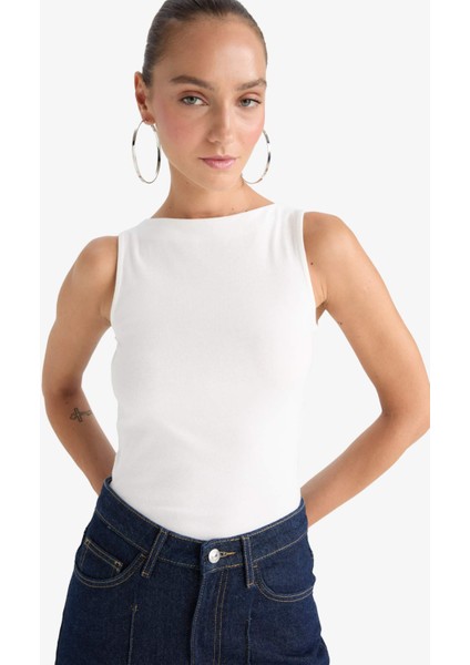 Slim Fit Dar Kesim Kayık Yaka Ribana Atlet F9572AX25AU