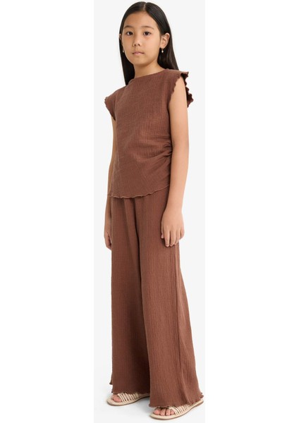 Kız Çocuk 2'li Takım Brode Kolsuz Bluz Geniş Paça Pantolon G1824A825AU