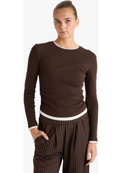 Slim Fit Dar Kesim Bisiklet Yaka Ribana Uzun Kollu Tişört E6548AX25AU