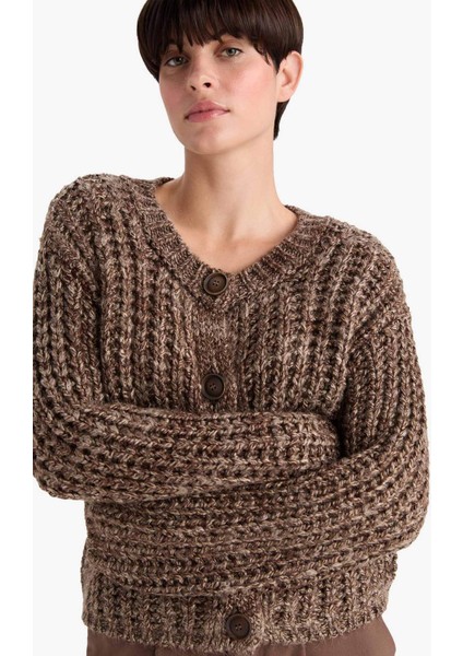 Oversize Geniş Kalıp Bisiklet Yaka Düğmeli Triko Hırka G2143AX25WN