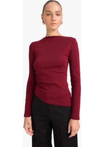 Slim Fit Dar Kesim Kayık Yaka Ribana Uzun Kollu Tişört