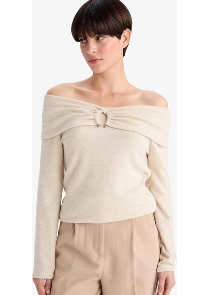 Slim Fit Dar Kesim Omzu Açık Uzun Kollu Tişört