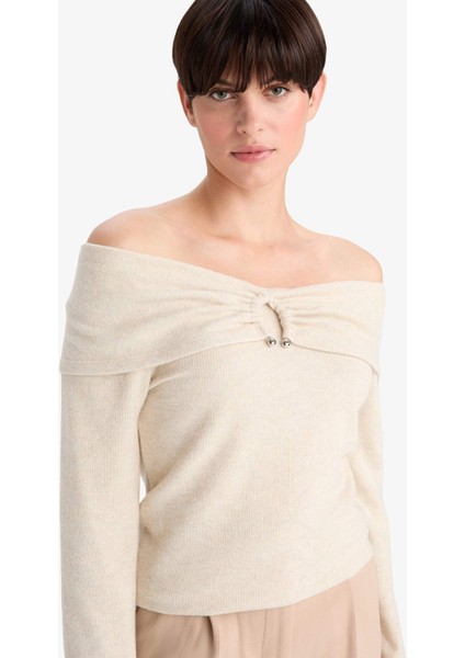 Slim Fit Dar Kesim Omzu Açık Uzun Kollu Tişört