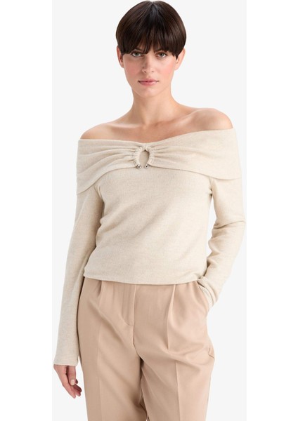 Slim Fit Dar Kesim Omzu Açık Uzun Kollu Tişört