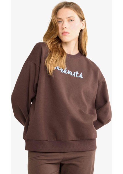 Oversize Geniş Kalıp Bisiklet Yaka Baskılı Sweatshirt G1823AX25WN