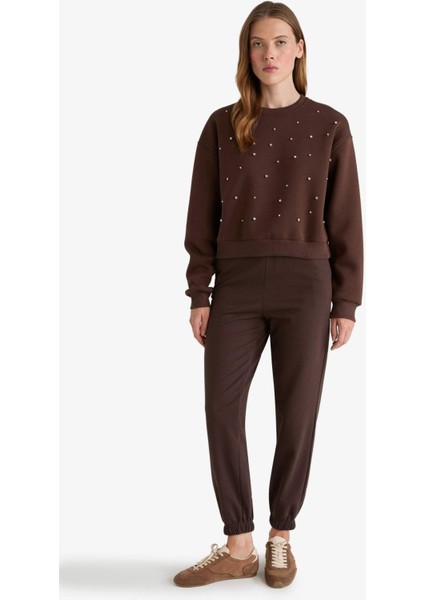 Boxy Fit Bisiklet Yaka İşlemeli Kalın Sweatshirt