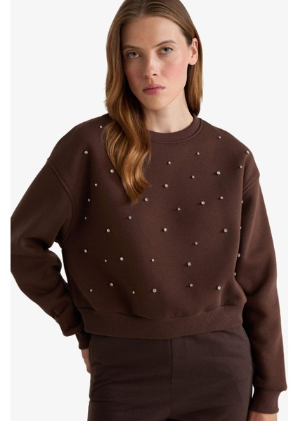 Boxy Fit Bisiklet Yaka İşlemeli Kalın Sweatshirt