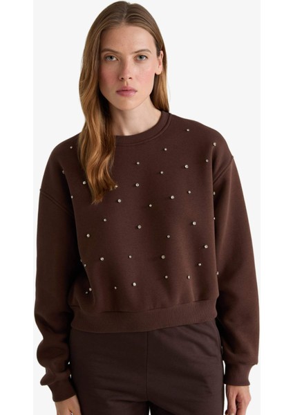 Boxy Fit Bisiklet Yaka İşlemeli Kalın Sweatshirt