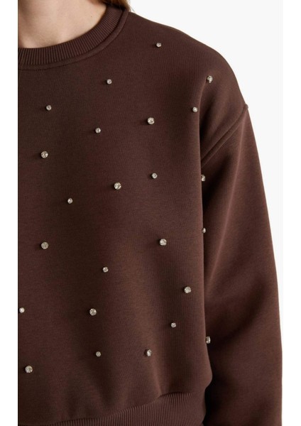 Boxy Fit Bisiklet Yaka İşlemeli Kalın Sweatshirt