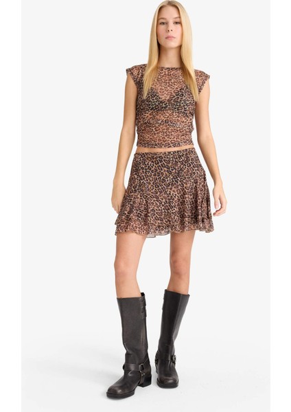 Coool Normal Bel Penye Astar Leopar Desenli Tül Mini Etek