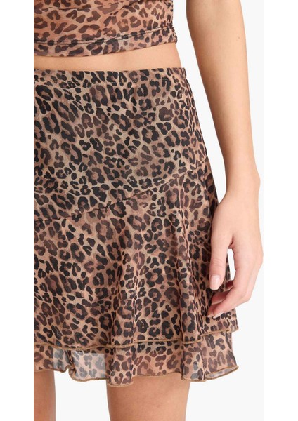 Coool Normal Bel Penye Astar Leopar Desenli Tül Mini Etek