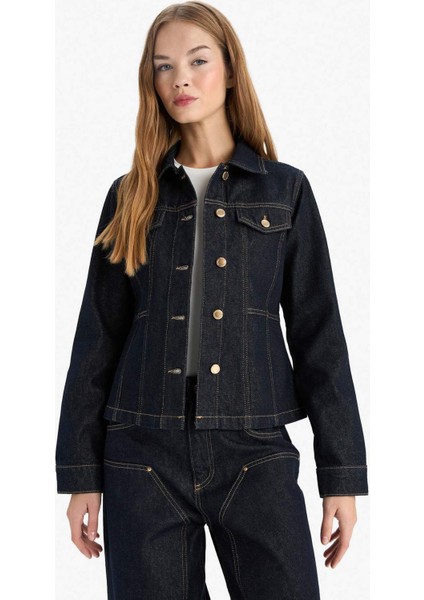 Düğmeli Cep Detaylı Denim Ceket