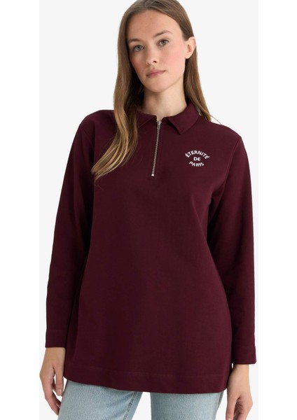 Regular Fit Polo Yaka Nakışlı Yarım Fermuarlı Sweatshirt Tunik