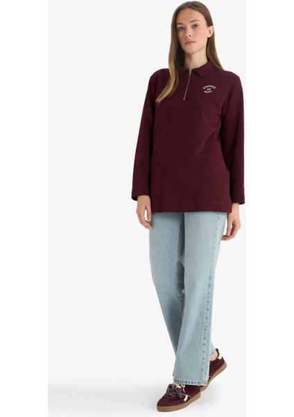 Regular Fit Polo Yaka Nakışlı Yarım Fermuarlı Sweatshirt Tunik