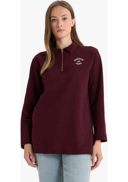 Regular Fit Polo Yaka Nakışlı Yarım Fermuarlı Sweatshirt Tunik