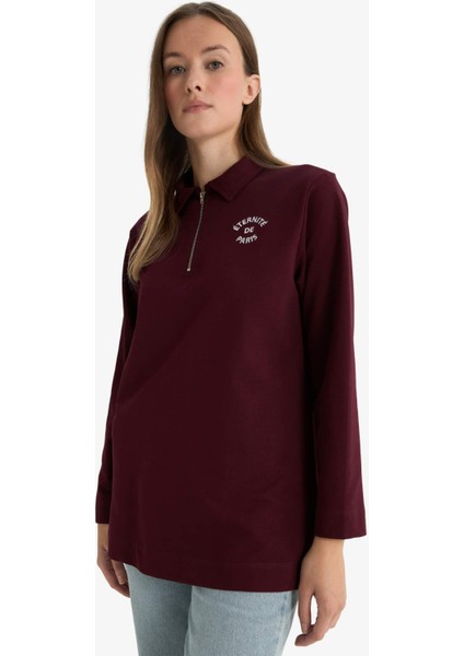 Regular Fit Polo Yaka Nakışlı Yarım Fermuarlı Sweatshirt Tunik