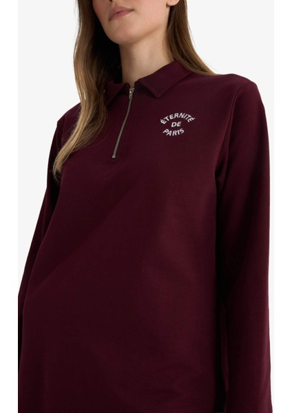 Regular Fit Polo Yaka Nakışlı Yarım Fermuarlı Sweatshirt Tunik