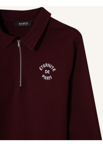 Regular Fit Polo Yaka Nakışlı Yarım Fermuarlı Sweatshirt Tunik