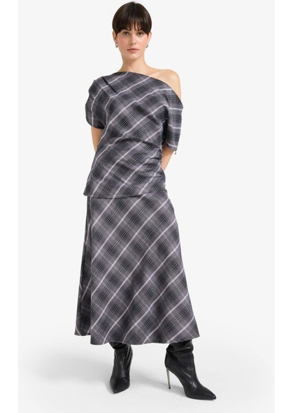 A Kesim Kareli Normal Bel Twill Midi Etek