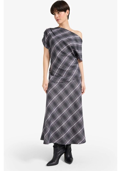 A Kesim Kareli Normal Bel Twill Midi Etek