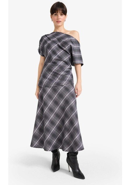 A Kesim Kareli Normal Bel Twill Midi Etek