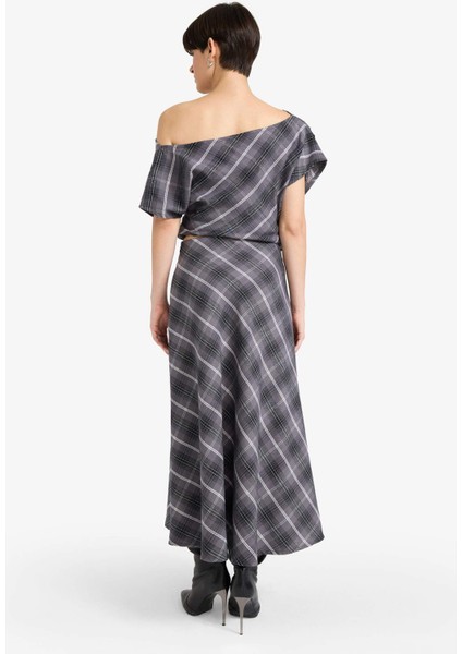 A Kesim Kareli Normal Bel Twill Midi Etek