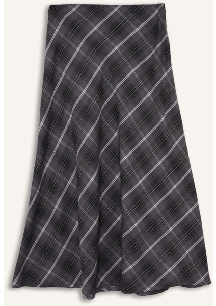 A Kesim Kareli Normal Bel Twill Midi Etek