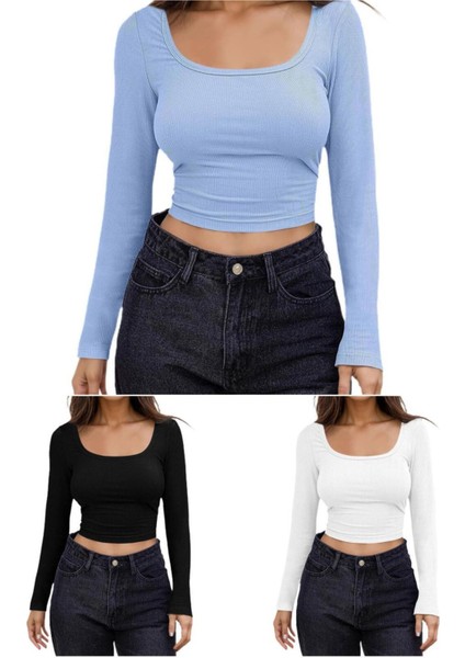 Kadın 3'lü Adet Kare Yaka Fitilli Kaşkorse Crop Uzun Kollu Bluz