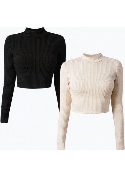 Kadın 2 Li Adet Fitilli Balıkçı Yaka Örme Kaşkorse Uzun Kol Crop Bluz