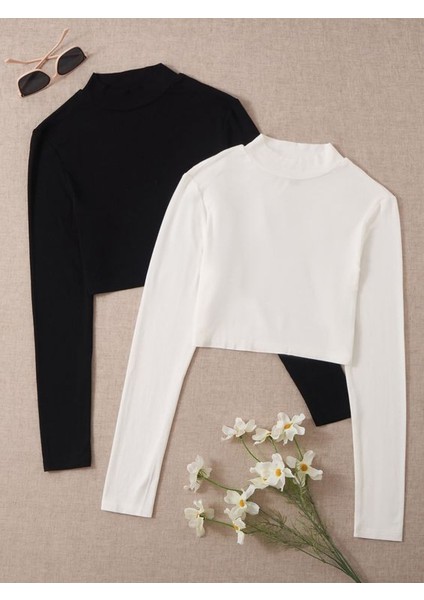 2 Li Adet Kadın Siyah Fitilli Yarım Balıkçı Yaka Kaşkorse Crop Bluz