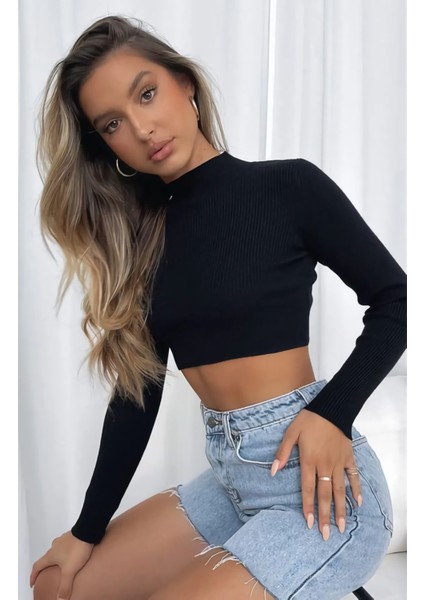 2 Li Adet Kadın Siyah Fitilli Yarım Balıkçı Yaka Kaşkorse Crop Bluz fiyatları