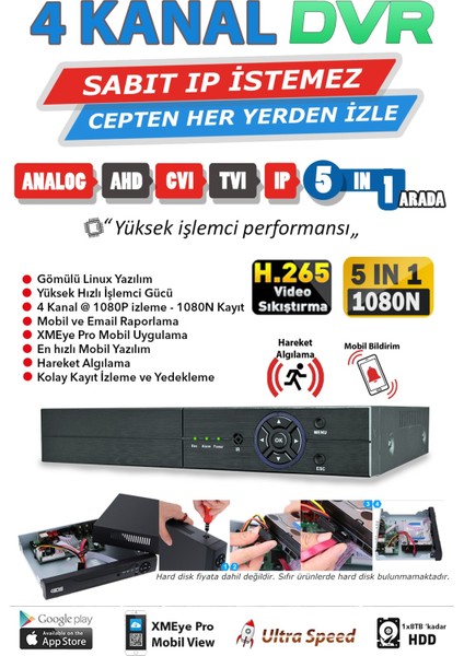 4 Kanal 1080N Full Hd H265 Dvr Kayıt Cihazı - Güvenlik Kamerası Sistemleri