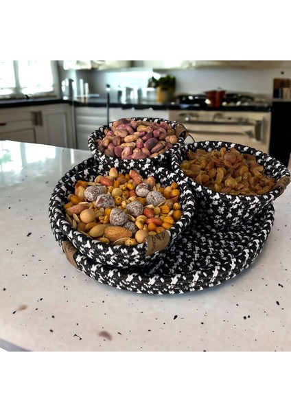 3 Lü Sunum Çerez Takımı Jüt Hasır Sunum Kabı Tepsili