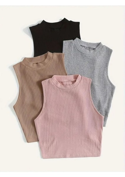 Kadın 4 Lü Adet Fitilli %100 Pamuklu Örme Kaşkorse Crop Bluz Atlet