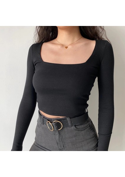 Kadın Kare Yaka Fitilli Kaşkorse Crop Uzun Kollu Bluz