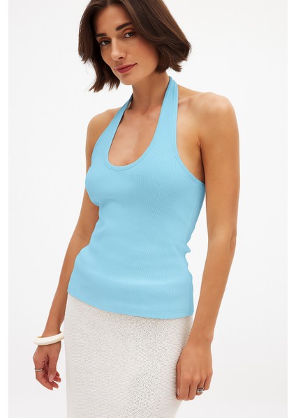 Kadın Kolsuz Boydan Geçirmeli Fitilli Uzun Basıc Bluz