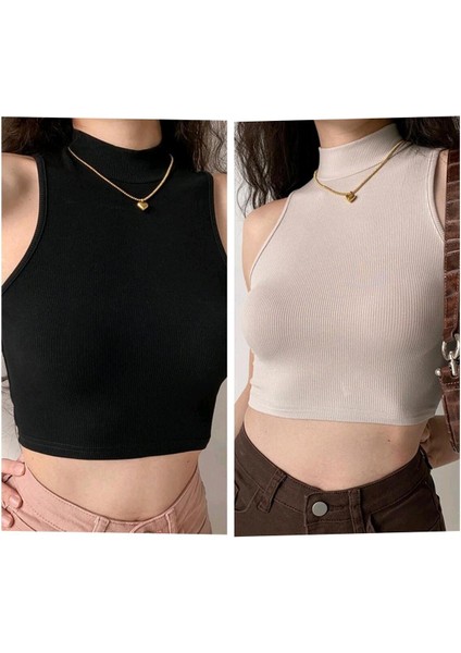 Kadın Balıkçı Yaka Kolsuz Crop 2'li Paket Örme Bluzz